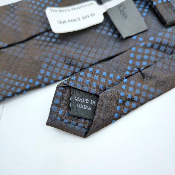 Calvin Klein CK 100% Silk Blue and Brown Checkered Tie Men's Fancy Work Career - Picture 8 of 8